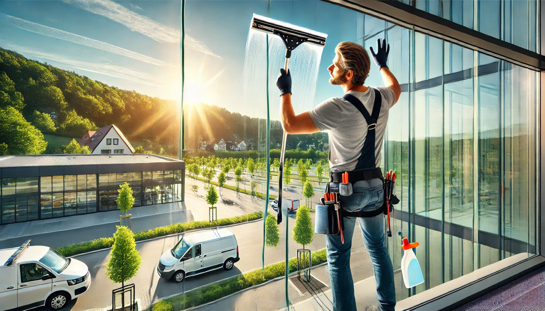 Fensterputzer reinigt Glasflächen im Rhein-Sieg-Kreis