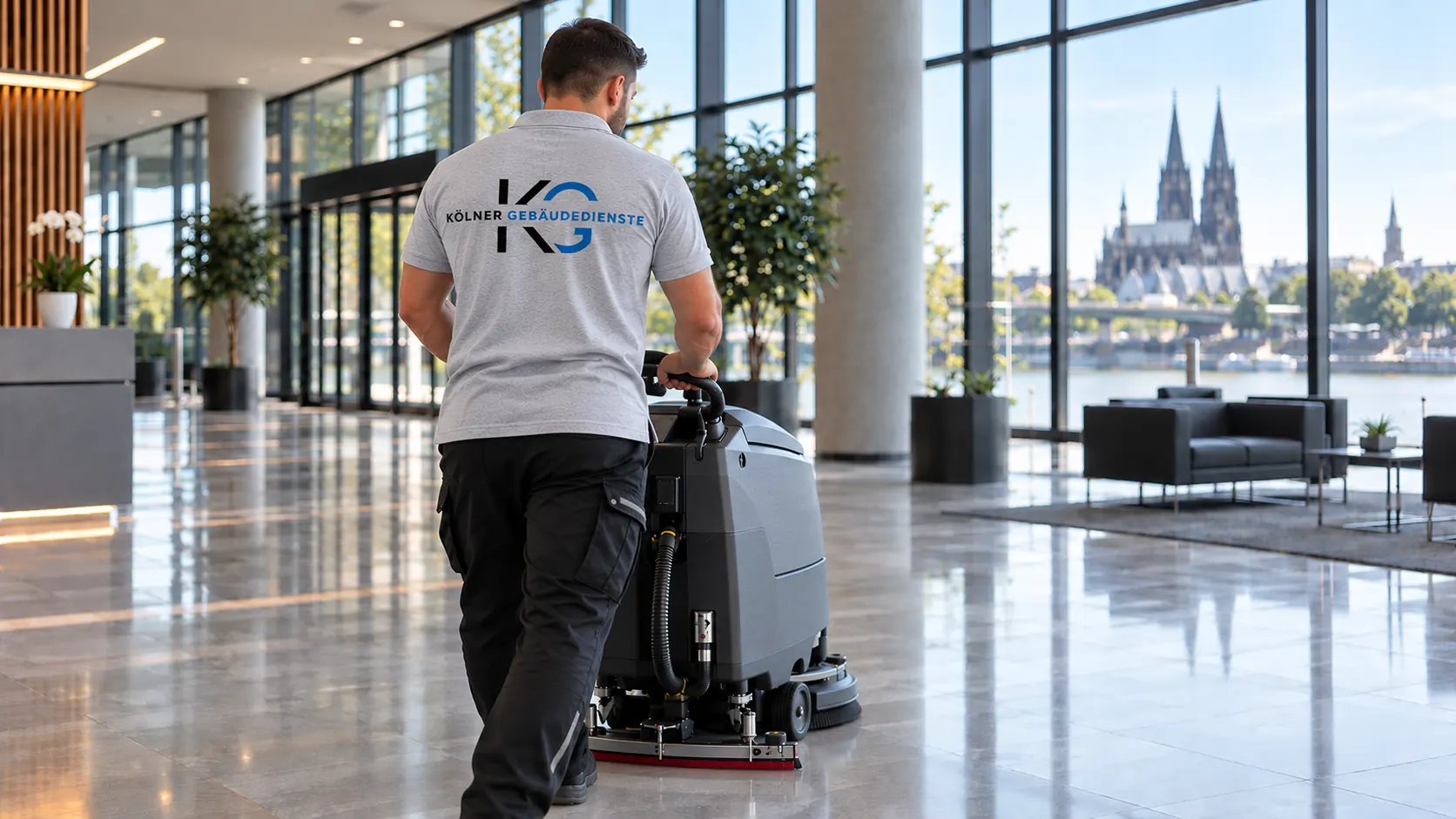 Gebäudereiniger der Kölner Gebäudedienste mit Scheuersaugmaschine in einer Bürolobby mit Blick auf den Kölner Dom